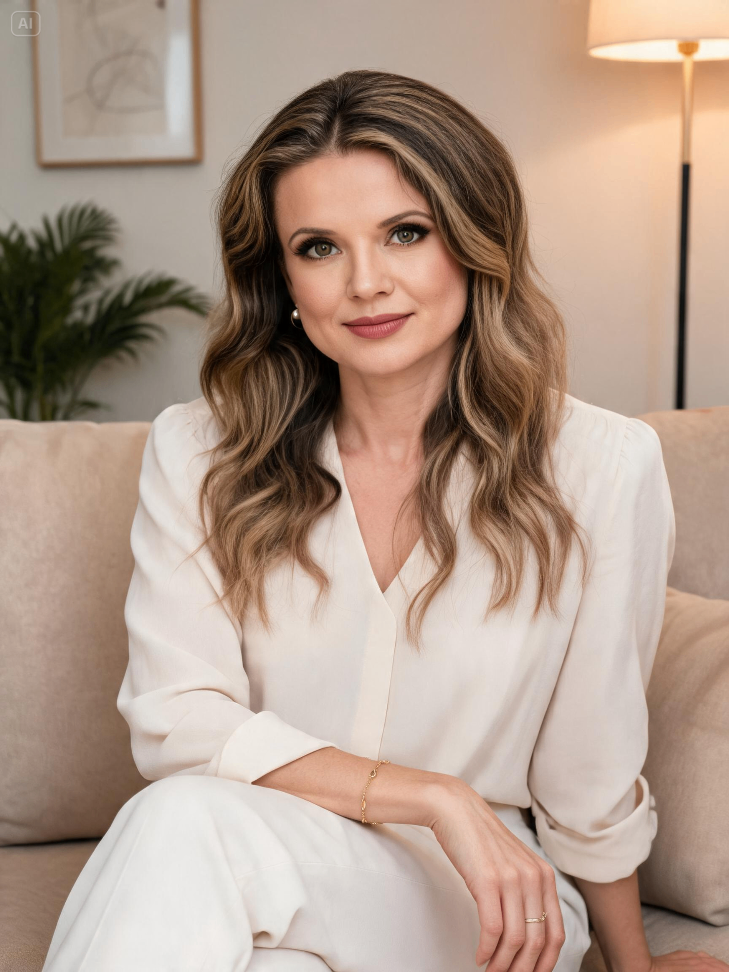 Tatiane Borges de blusa clara sentada em sofá